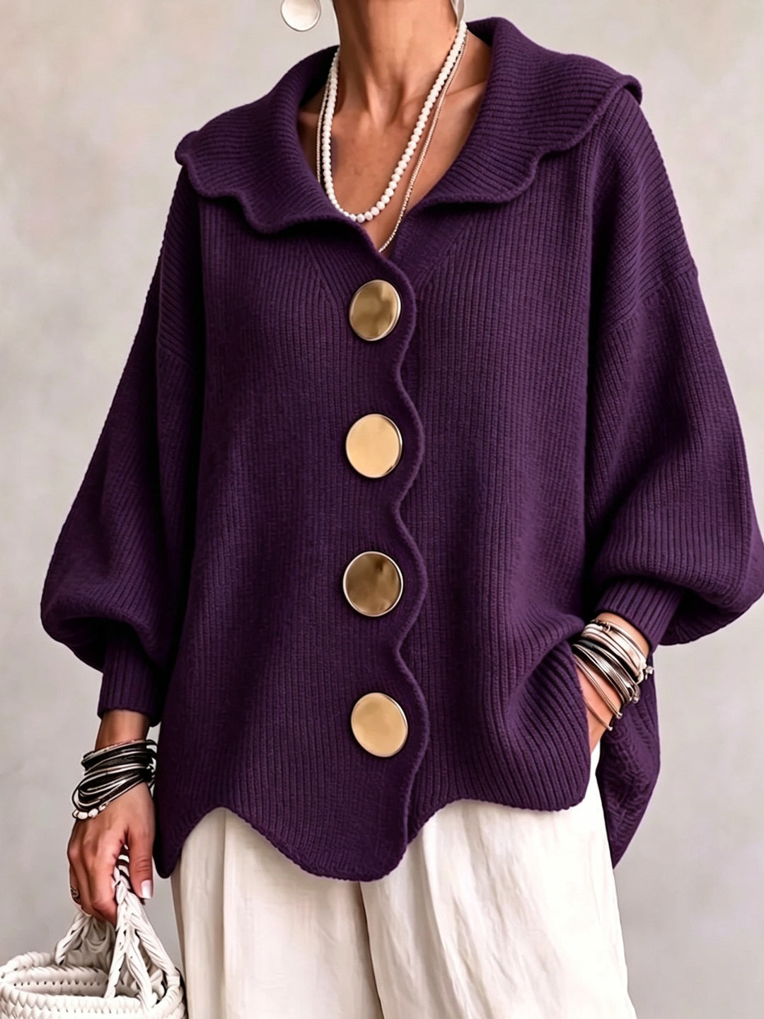Delfina Scallop-Collar Statement Cardigan