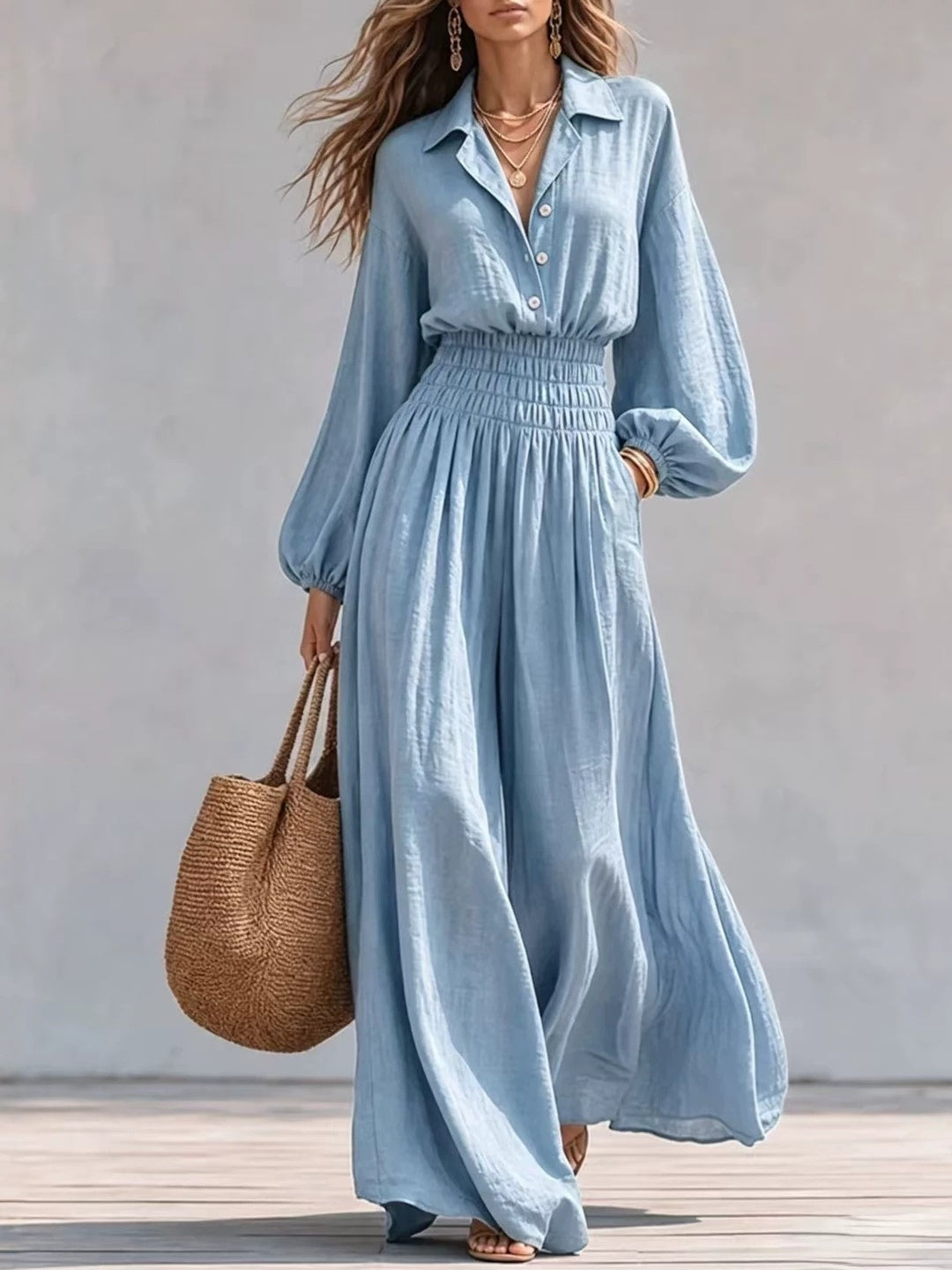 Alba Smocked-Waist Shirt Maxi Dress