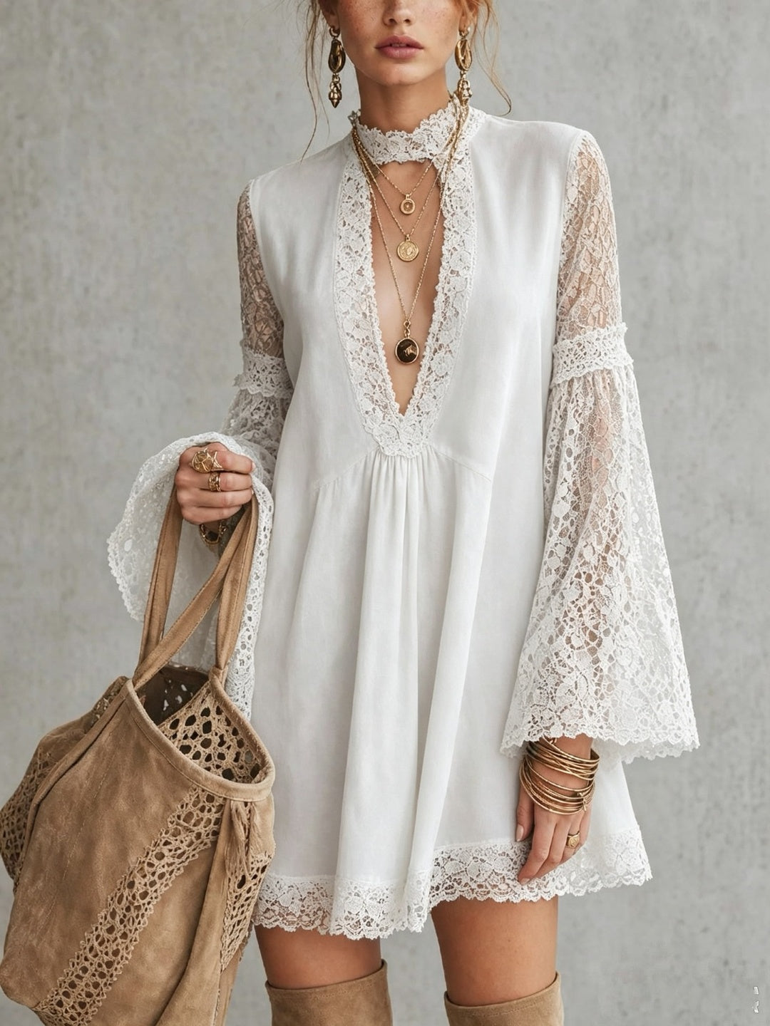 Elisabetta Plunge-Neck Bell-Sleeve Mini Dress
