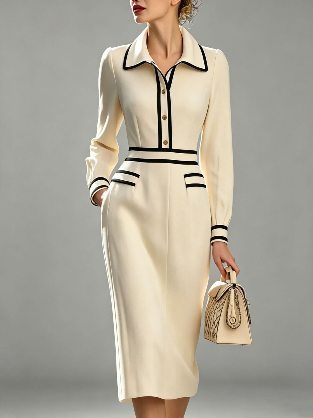 Bianca Contrast-Trim Belted Midi Dress - Navy