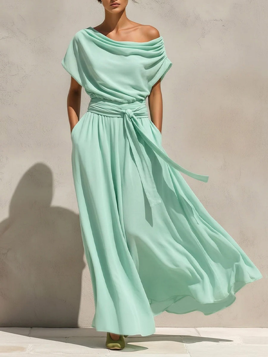 Celeste Sage Green Draped Belted Maxi Dress