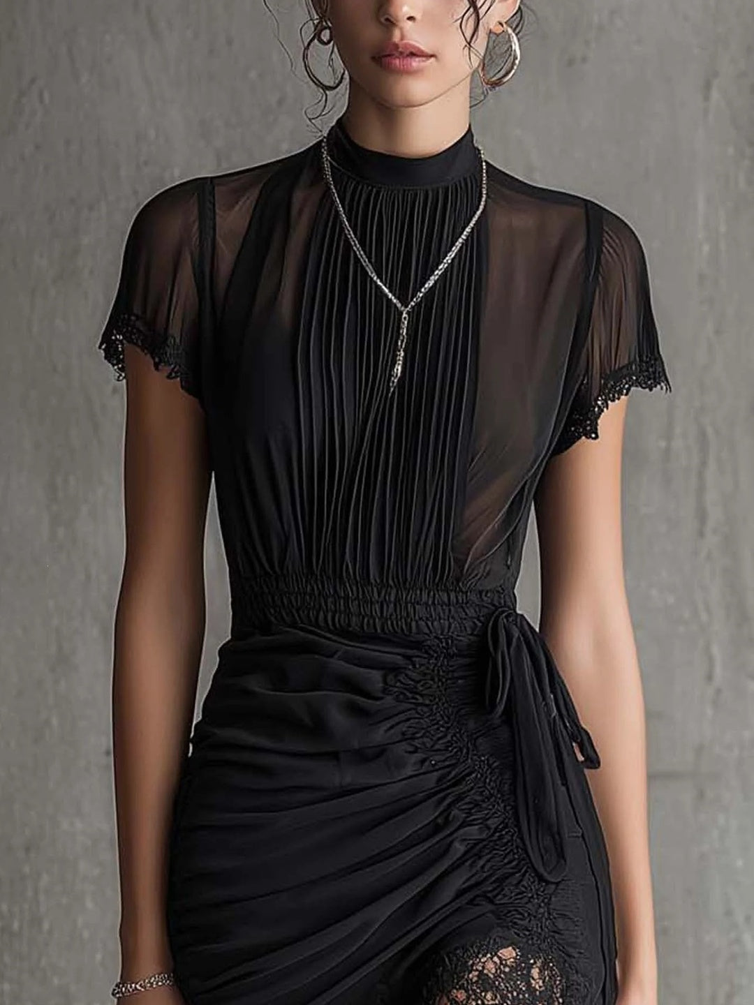 Bianca Sheer-Yoke Ruched Midi Dress
