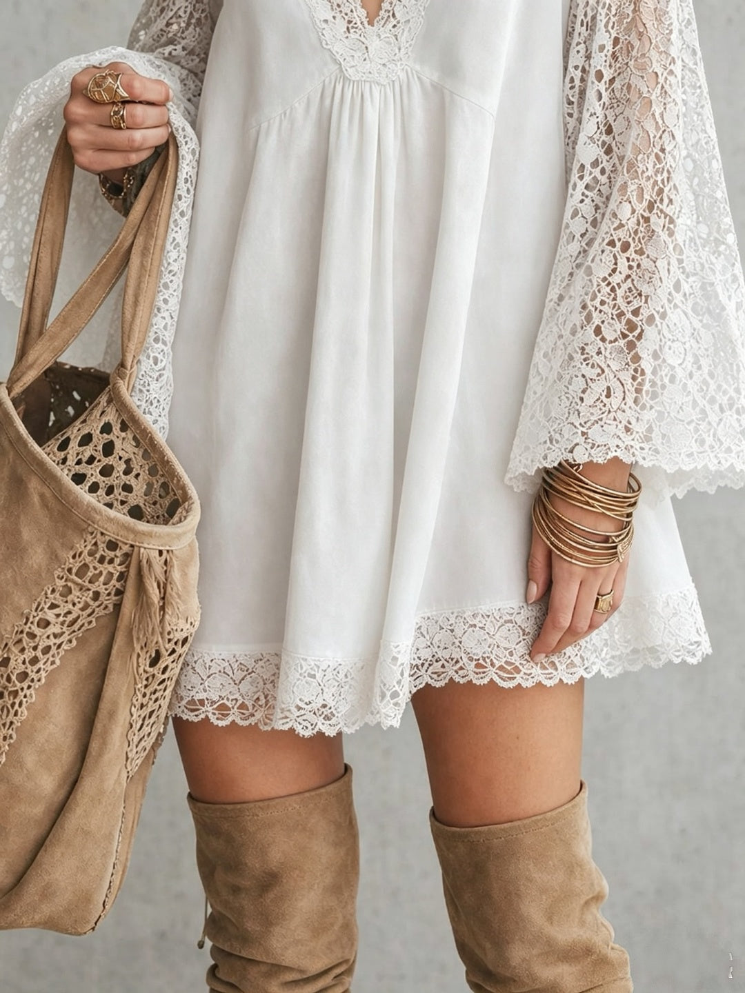 Elisabetta Plunge-Neck Bell-Sleeve Mini Dress