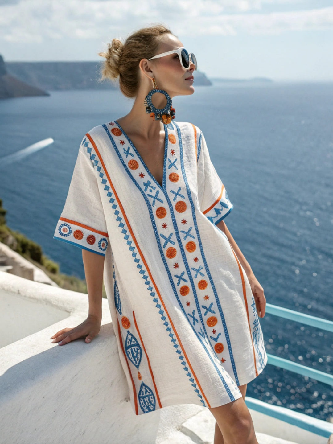 Amalia Geometric-Trim Caftan Mini Dress - Blue Circle Print
