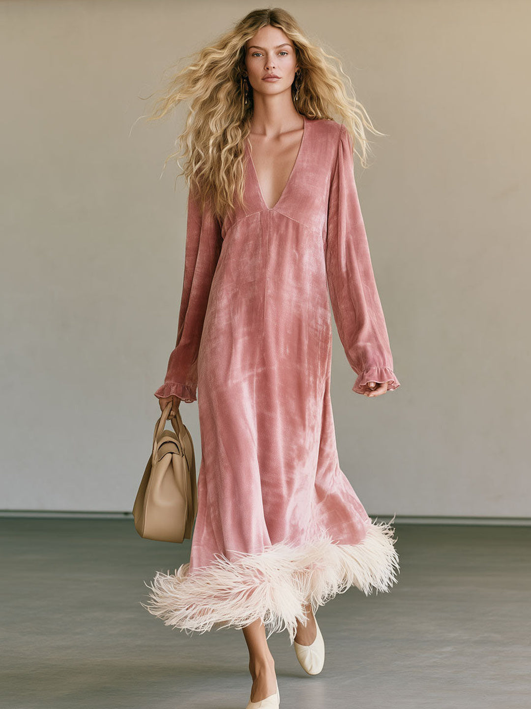 Seraphina Feather-Hem Maxi Dress - Blue