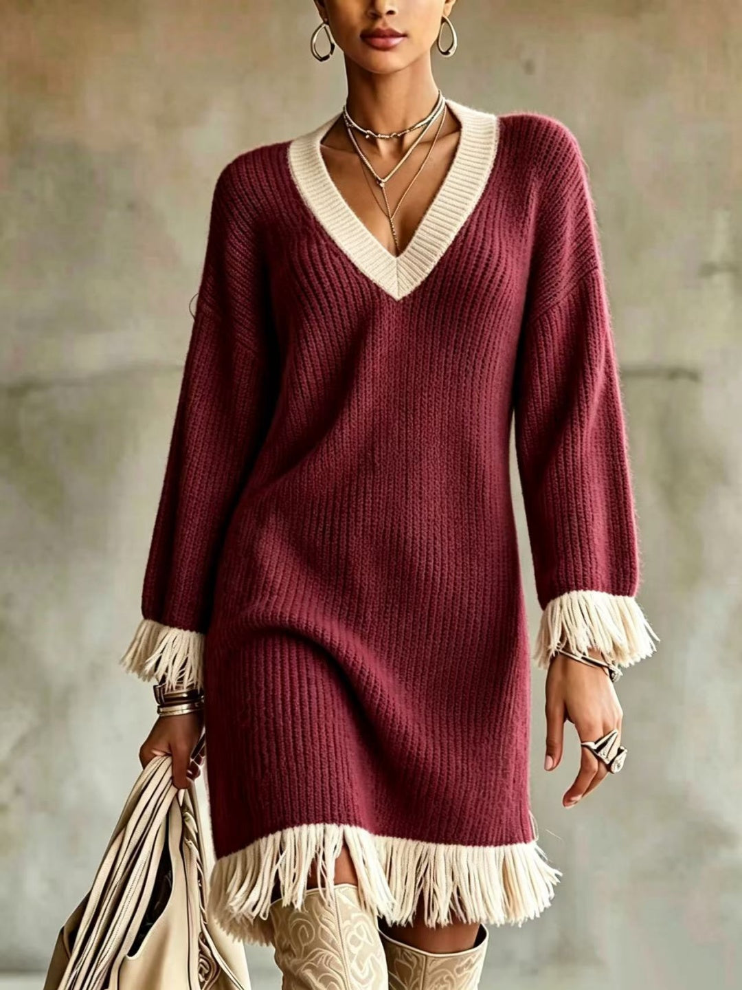 Elara V-Neck Fringe Sweater Mini Dress