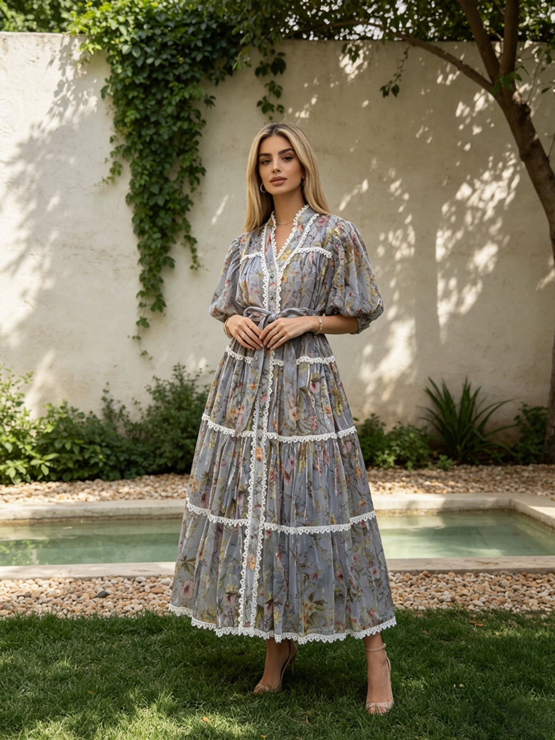 Alessia Embroidered Lace-Trim Maxi Dress - Blue