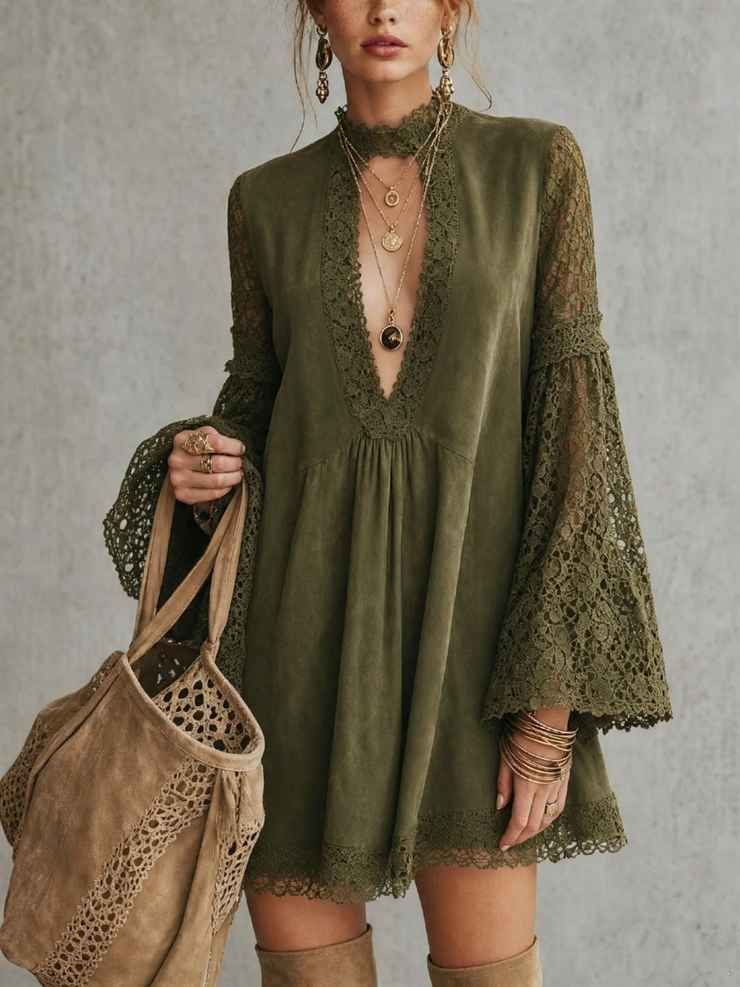 Elisabetta Plunge-Neck Bell-Sleeve Mini Dress