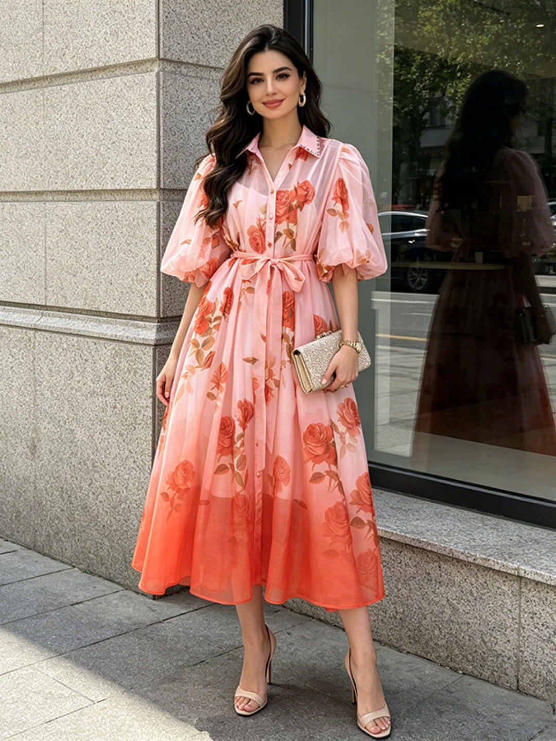 Soleil Floral Puff-Sleeve Midi Dress