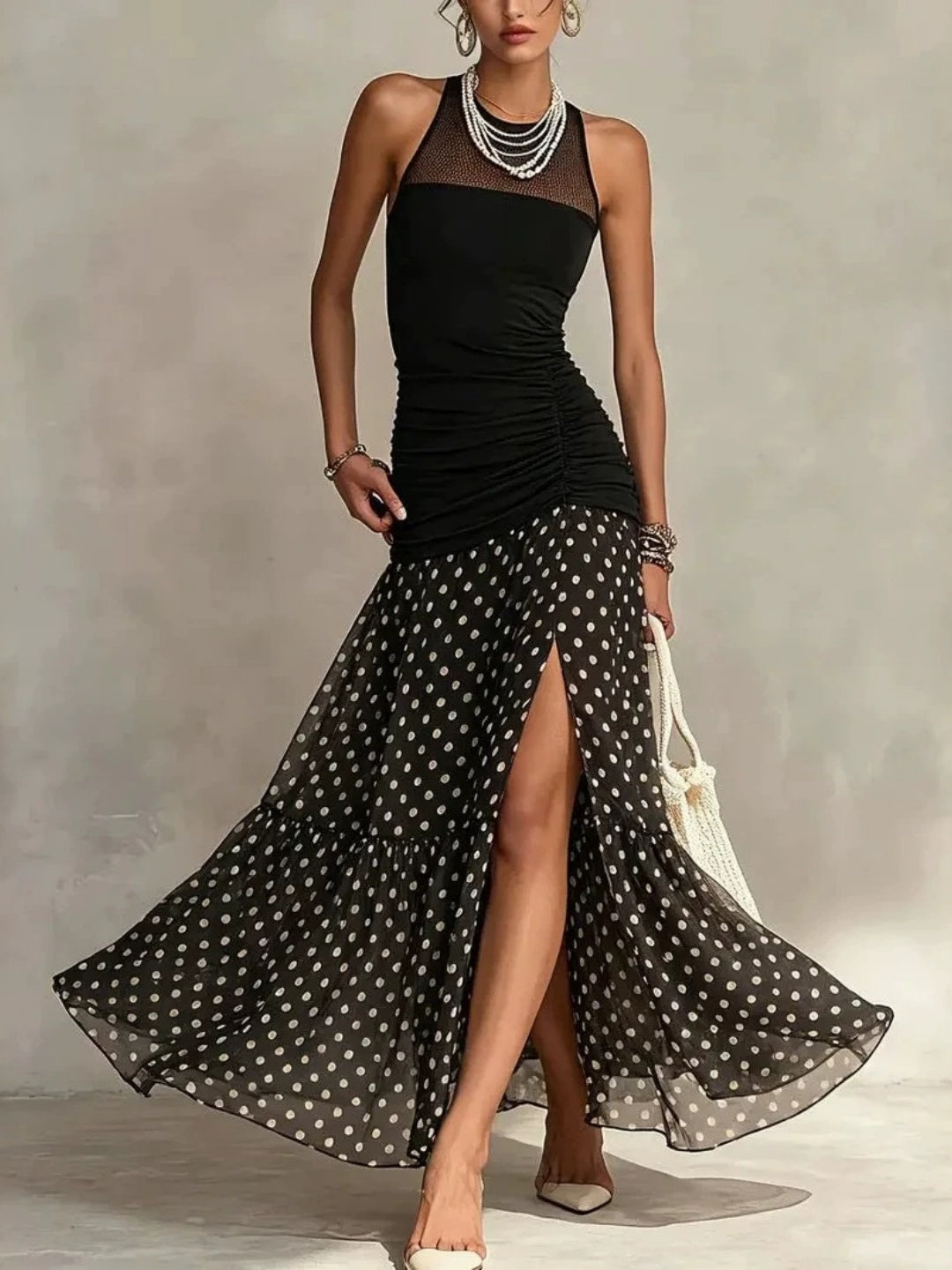 Noa Red Polka-Dot Slit Maxi Dress