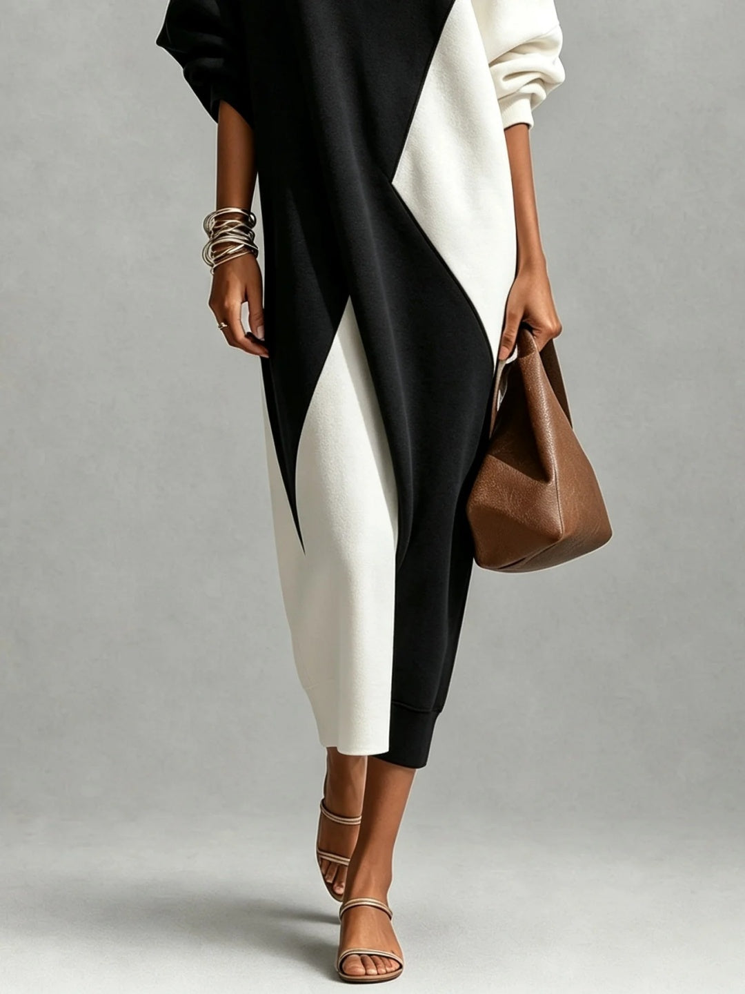 Vespera Asymmetric Contrast-Panel Caftan Maxi Dress