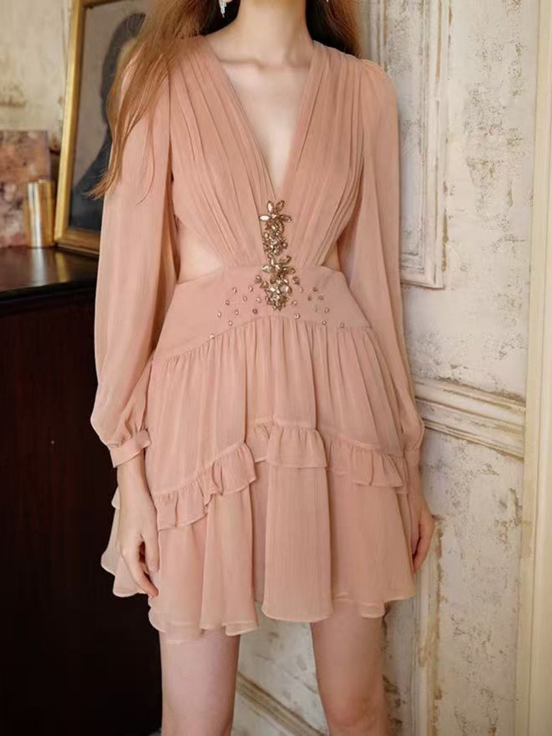 Estella Beaded-Waist Ruffle Mini Dress