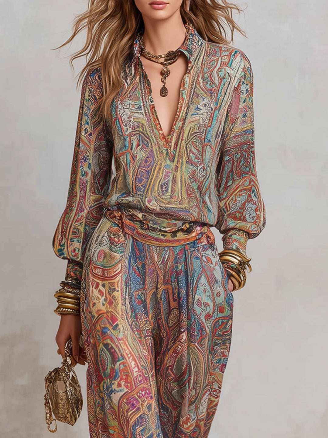 Isla Brown Paisley Blouse and Pants Set