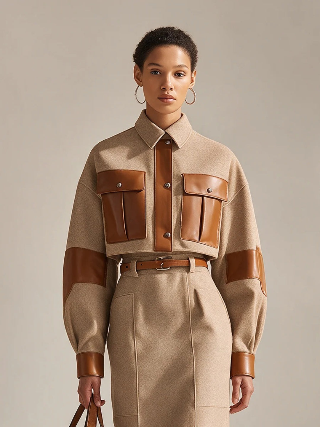 Cappuccino Contrast-Belt Midi Dress