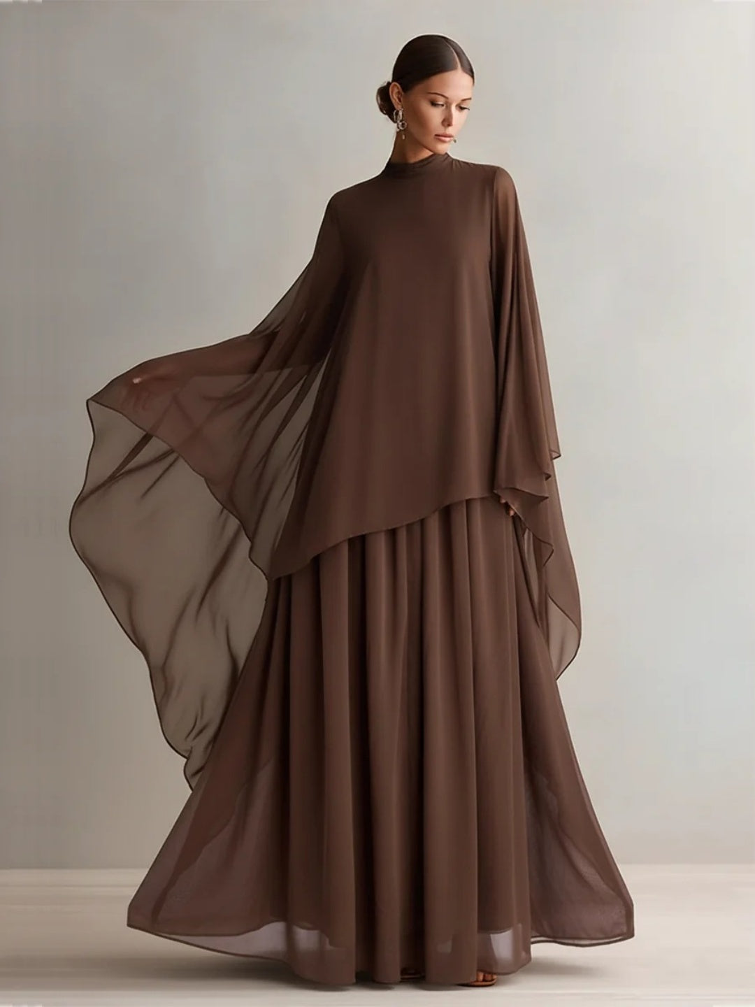 Nerina Chiffon Cape Two-Piece Set - Chocolate