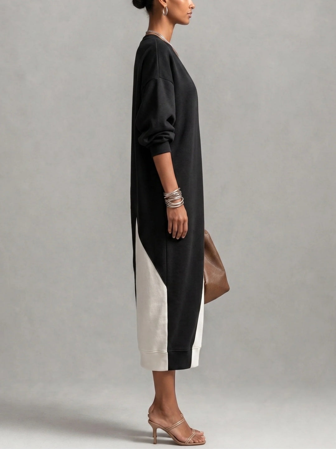 Vespera Asymmetric Contrast-Panel Caftan Maxi Dress