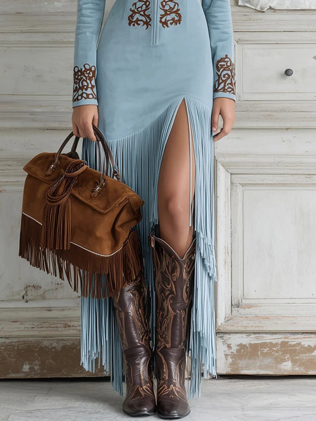 Serafina Embroidered Fringe Maxi Dress