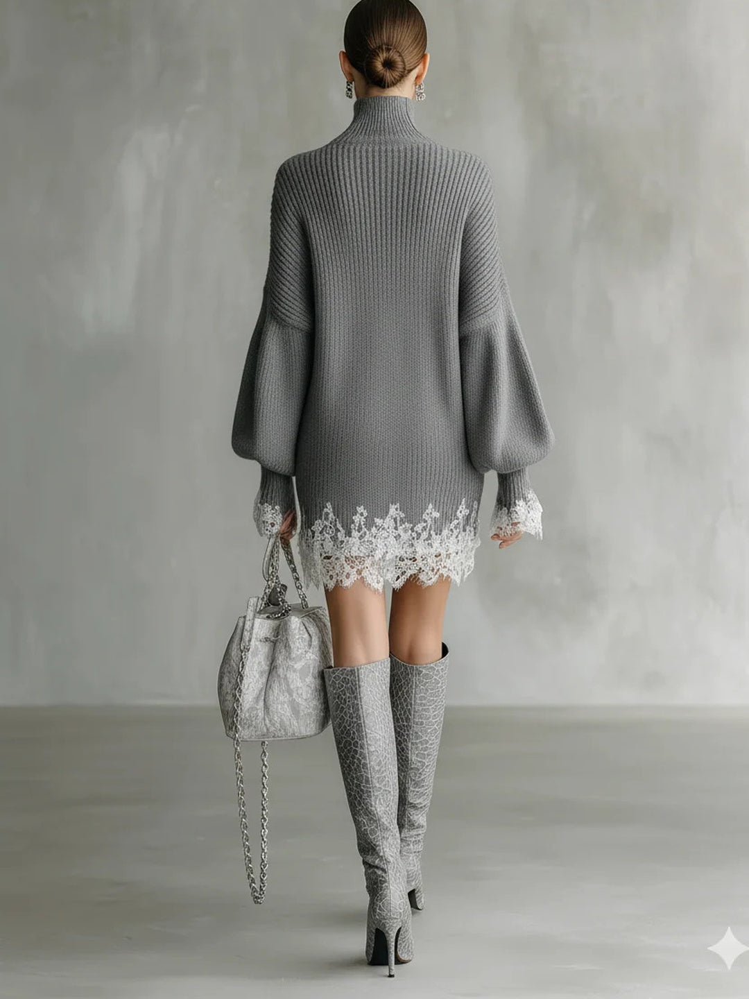 Ornella Lace-Trim Sweater Mini Dress - Gray