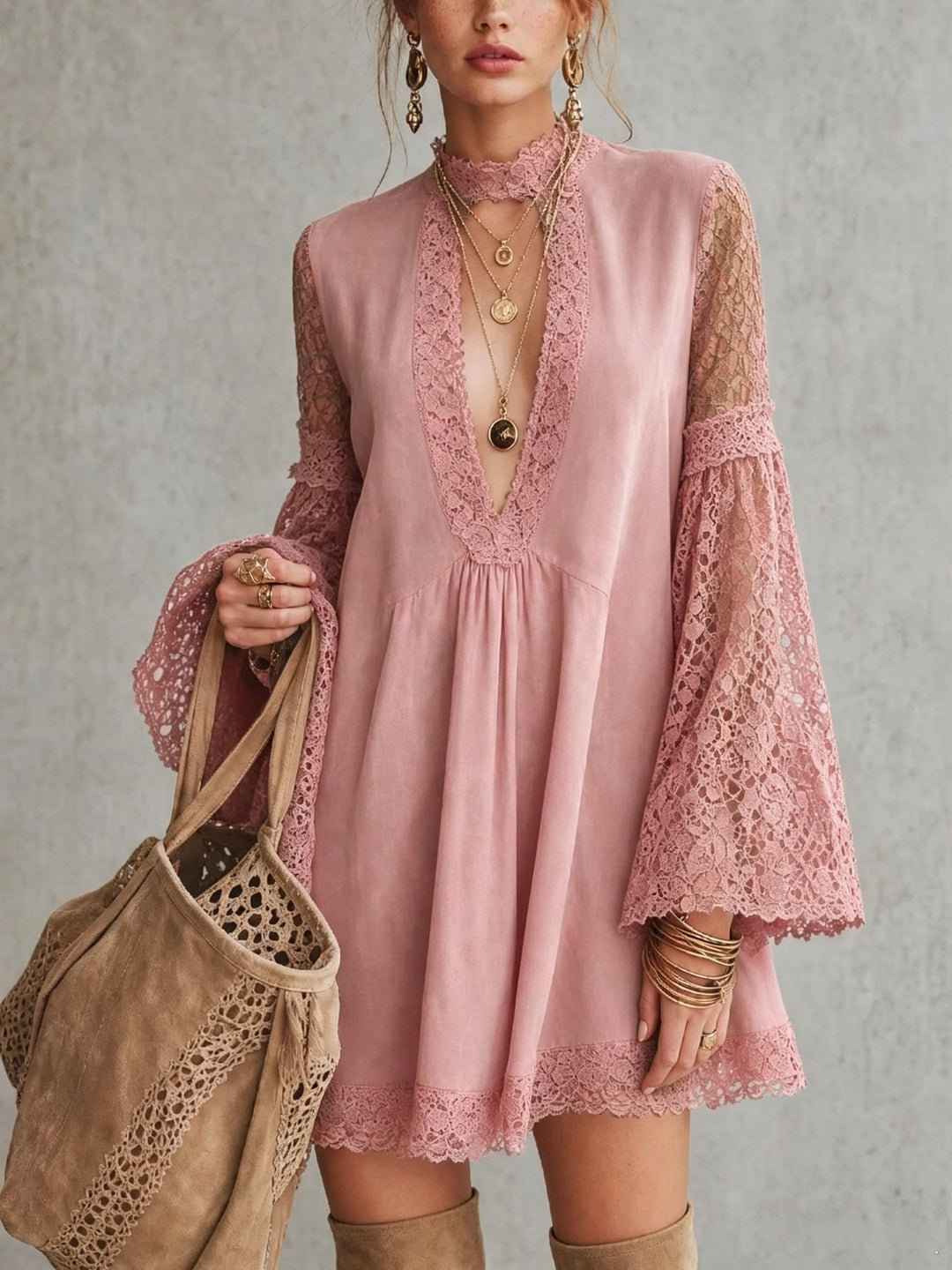 Elisabetta Plunge-Neck Bell-Sleeve Mini Dress