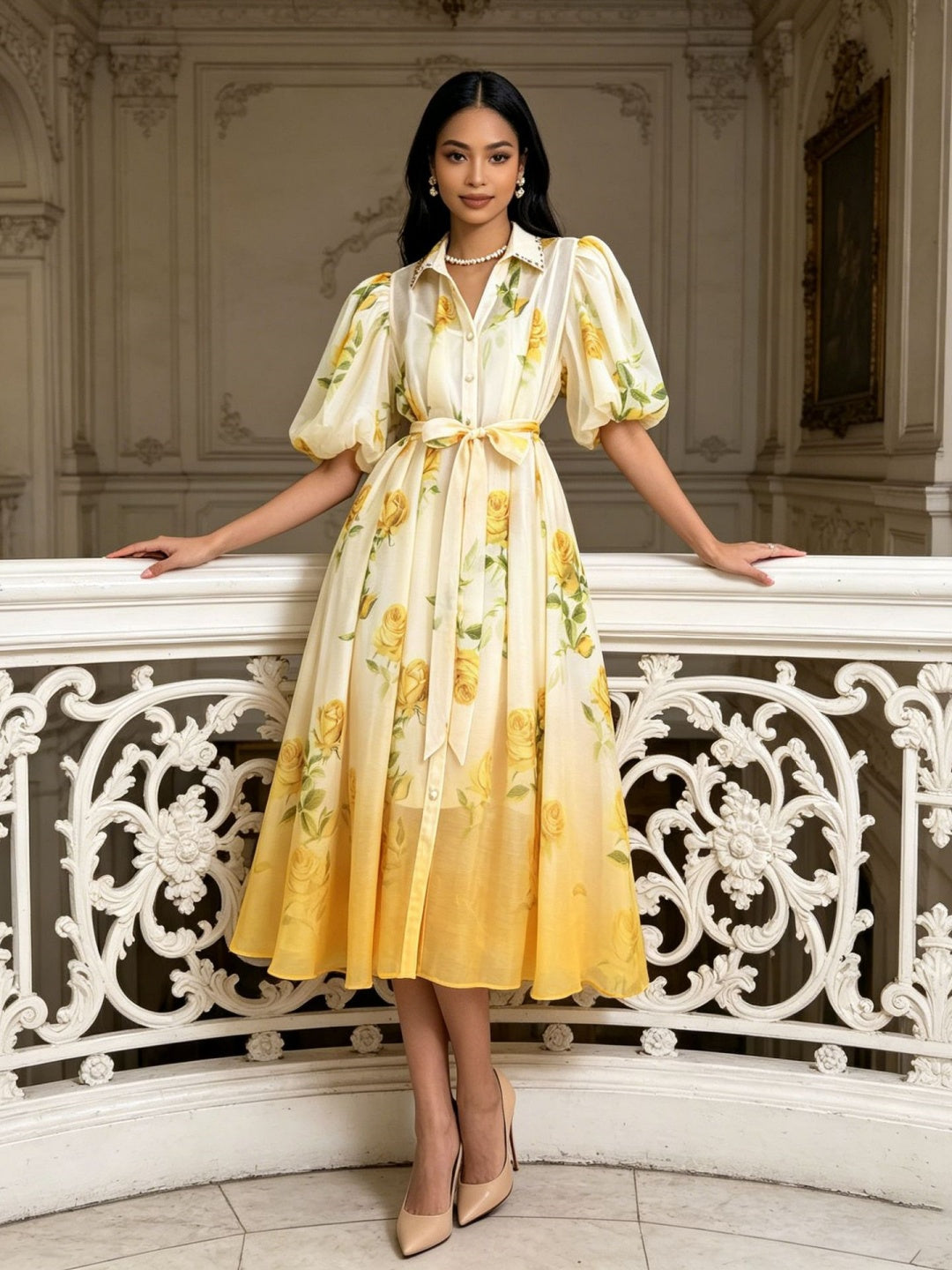 Soleil Floral Puff-Sleeve Midi Dress