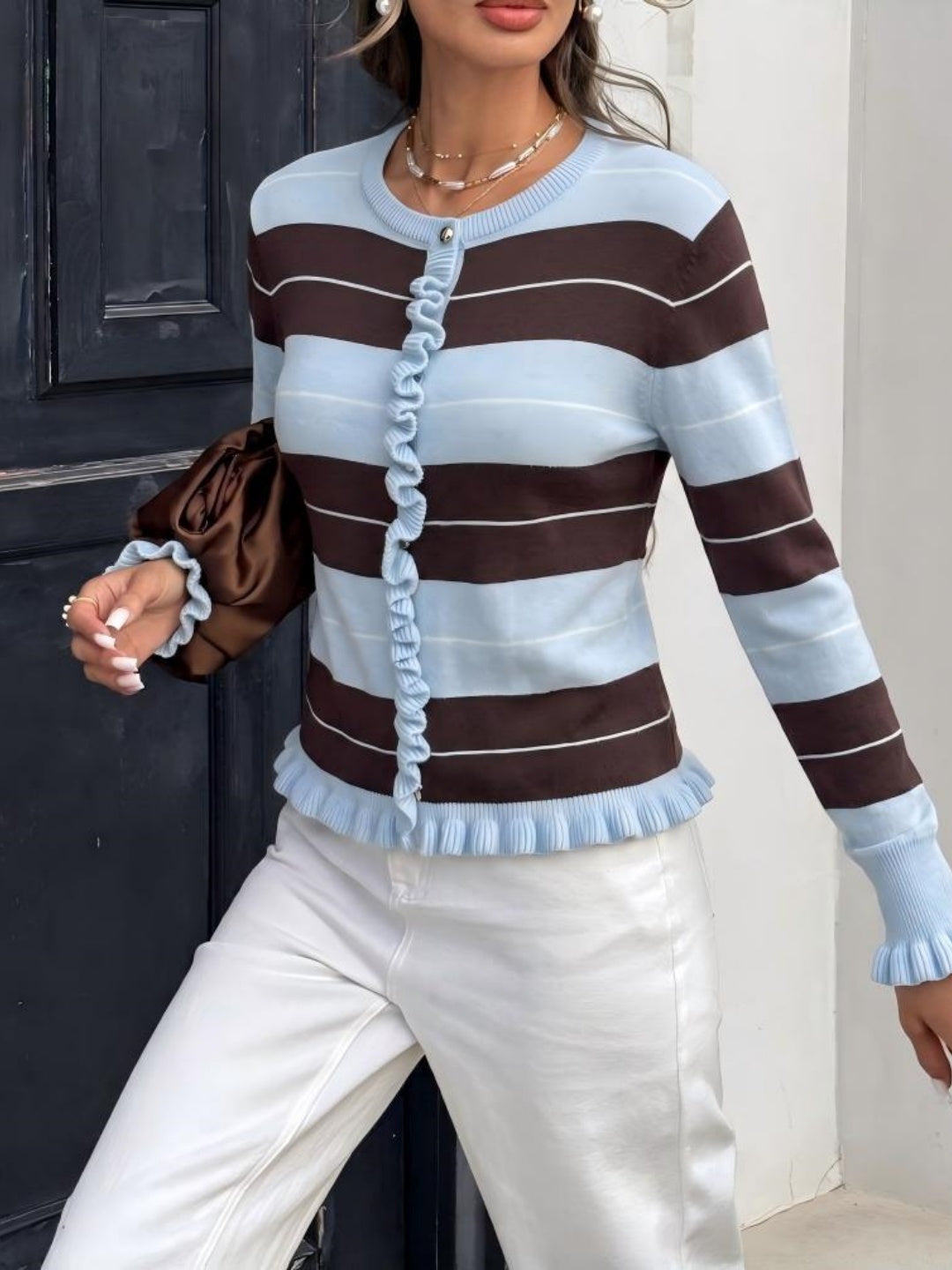 Mirella Ruffle-Trim Striped Cardigan