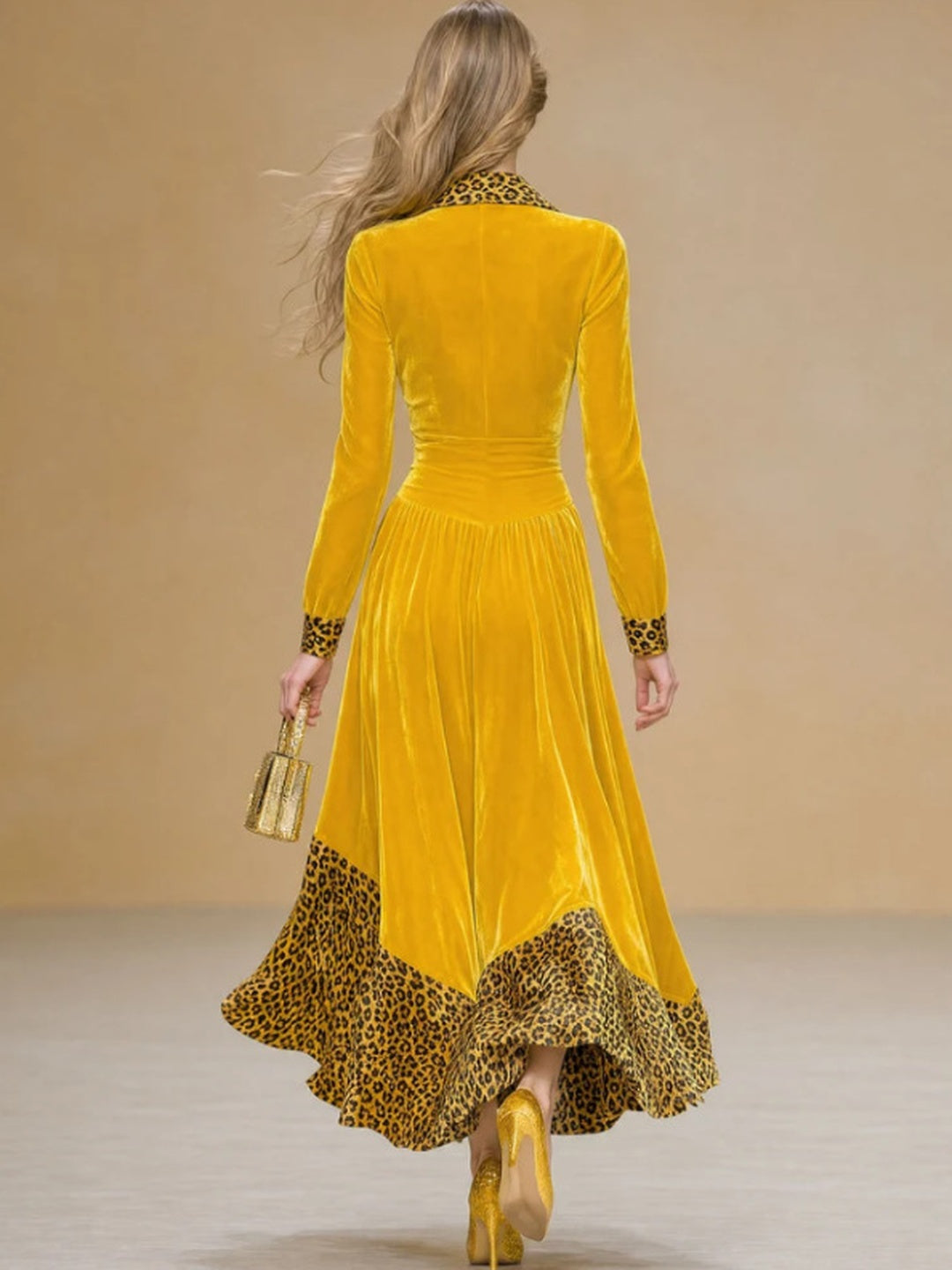 Marisol Velvet Leopard-Hem Maxi Dress