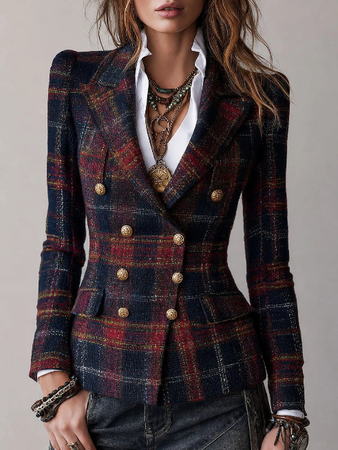 Sabina Plaid Double-Breasted Blazer