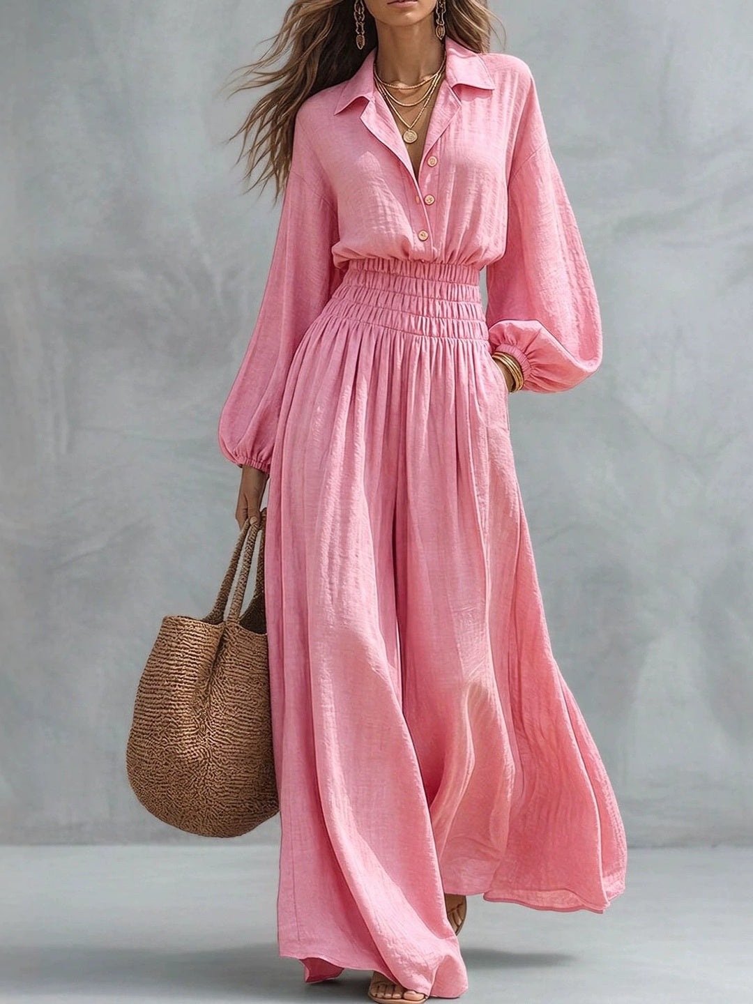 Alba Smocked-Waist Shirt Maxi Dress
