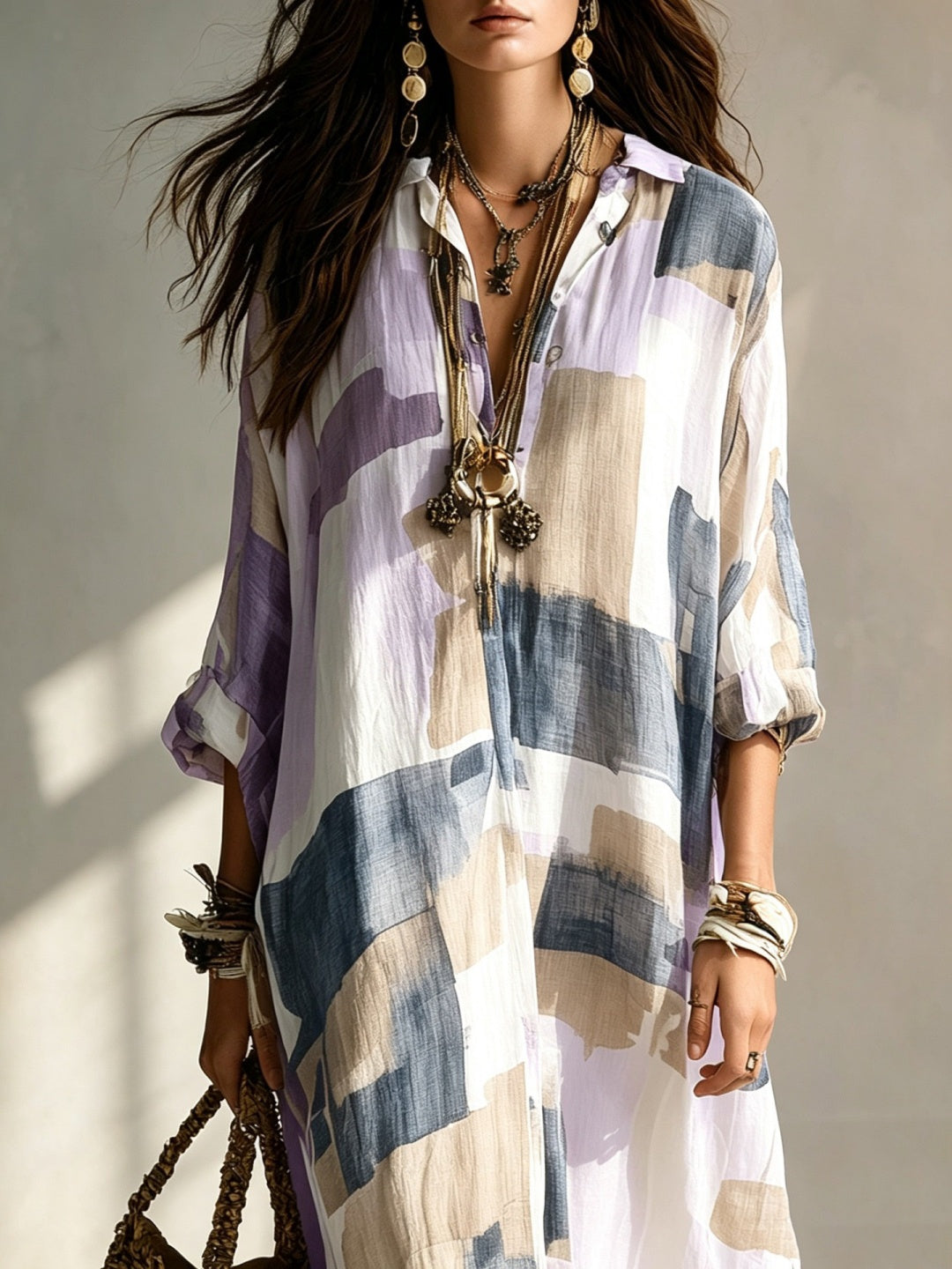 Sienna Striped Resort Cover-Up - Khaki Beige Block Print