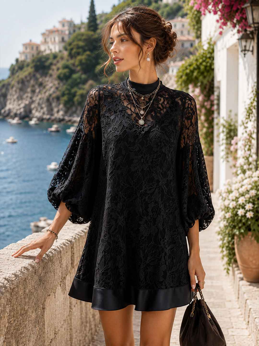 24-Hour-Shipping Bianca Black Lace Poncho Cover-Up Dress