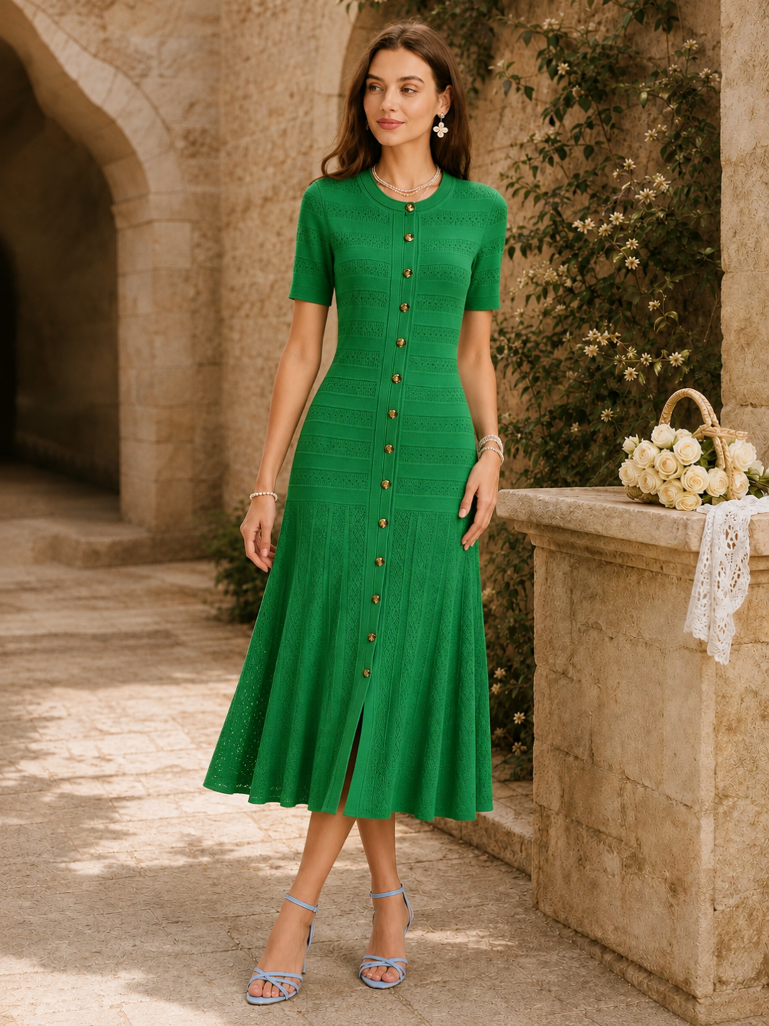 Oceana Button-Front Short-Sleeve Maxi Dress