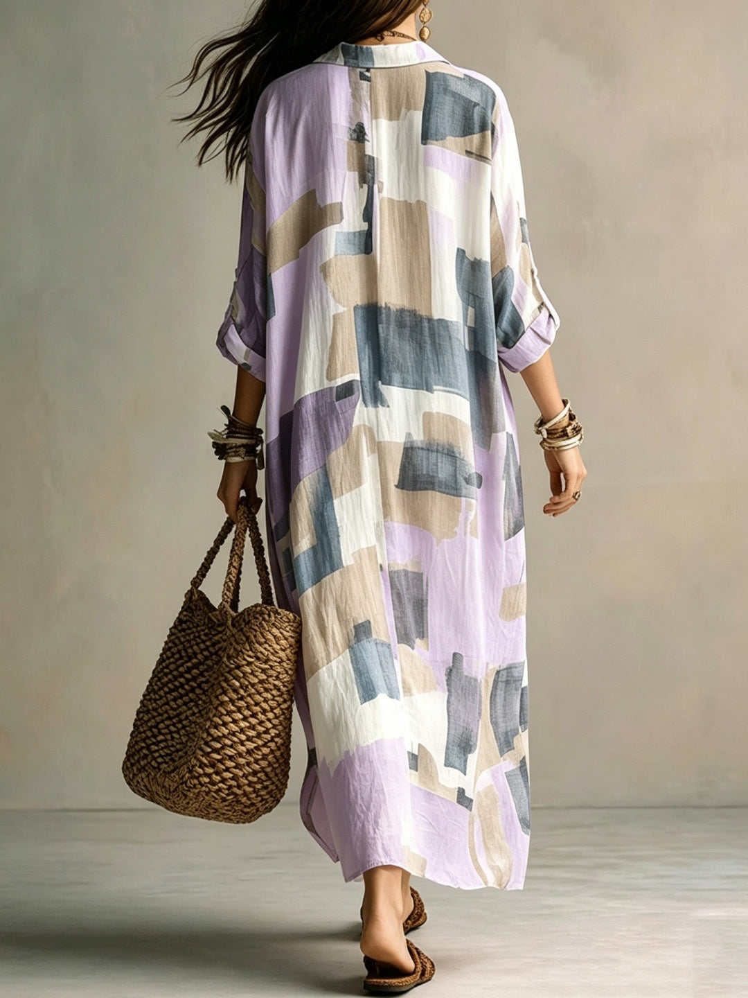 Sienna Striped Resort Cover-Up - Khaki Beige Block Print