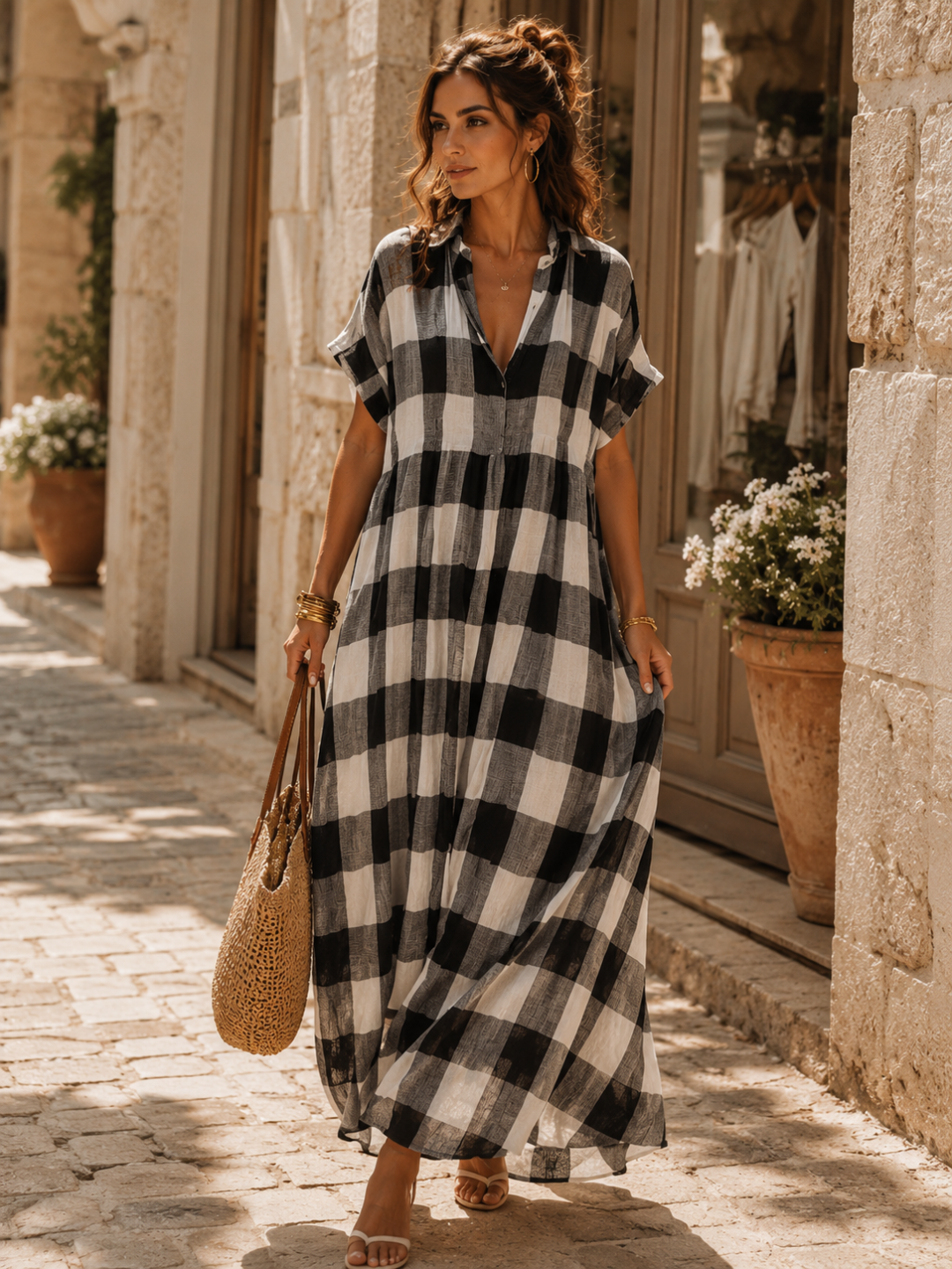 Helena Black White Check Oversized Kaftan Dress