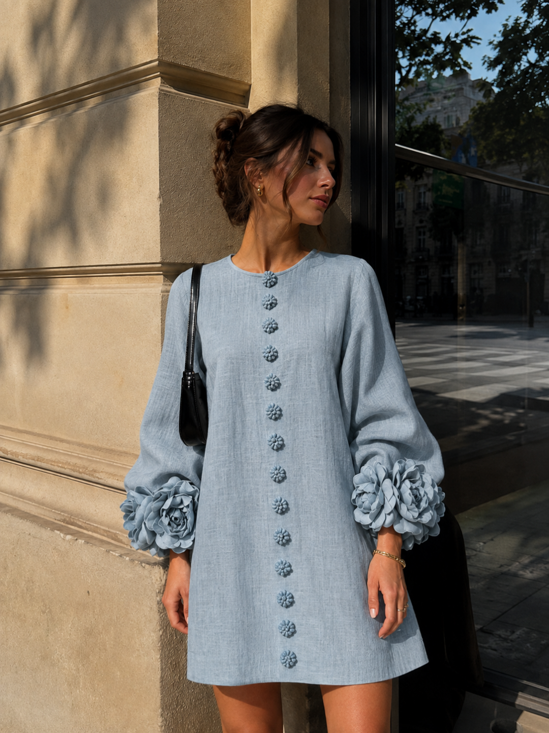 Rosalia Sky Blue Floral-Cuff Button Mini Dress