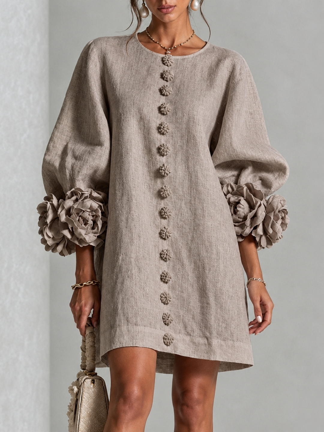Rosalia Mint Floral-Cuff Button Mini Dress