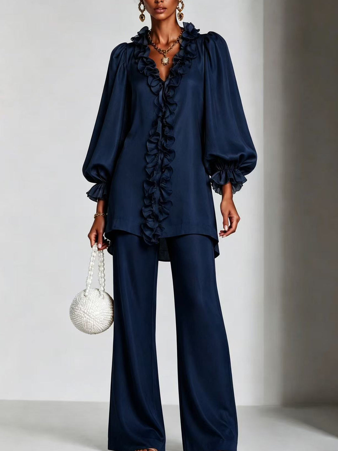 Mariella Ruffle-Trim Blouse & Trouser Set