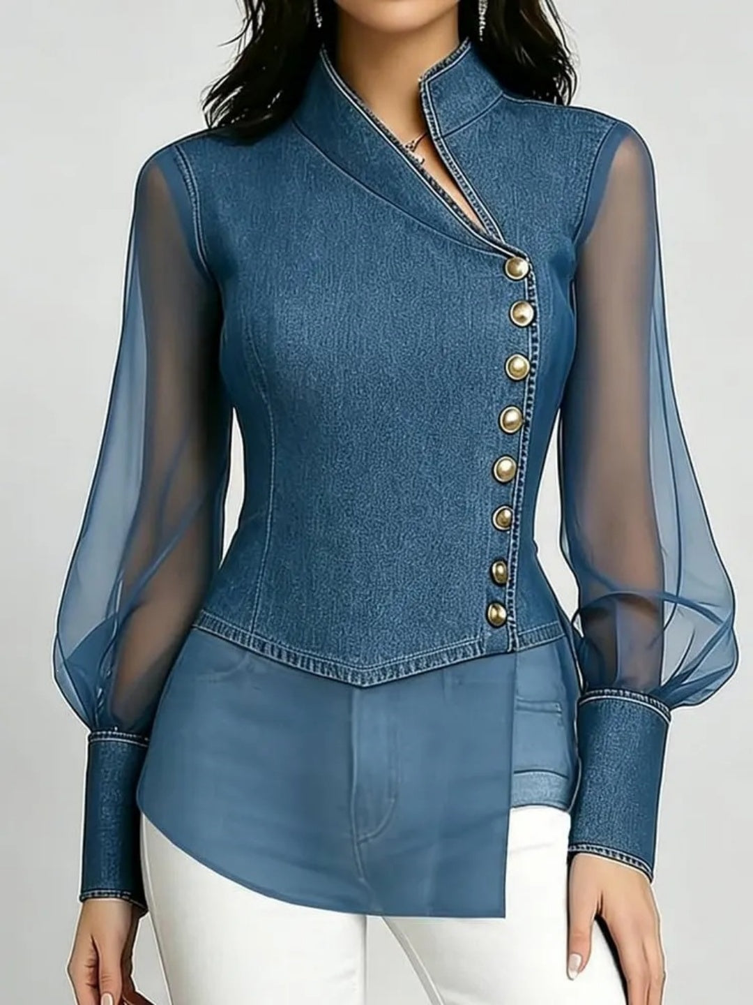 Black Sheer-Sleeve Button Blouse