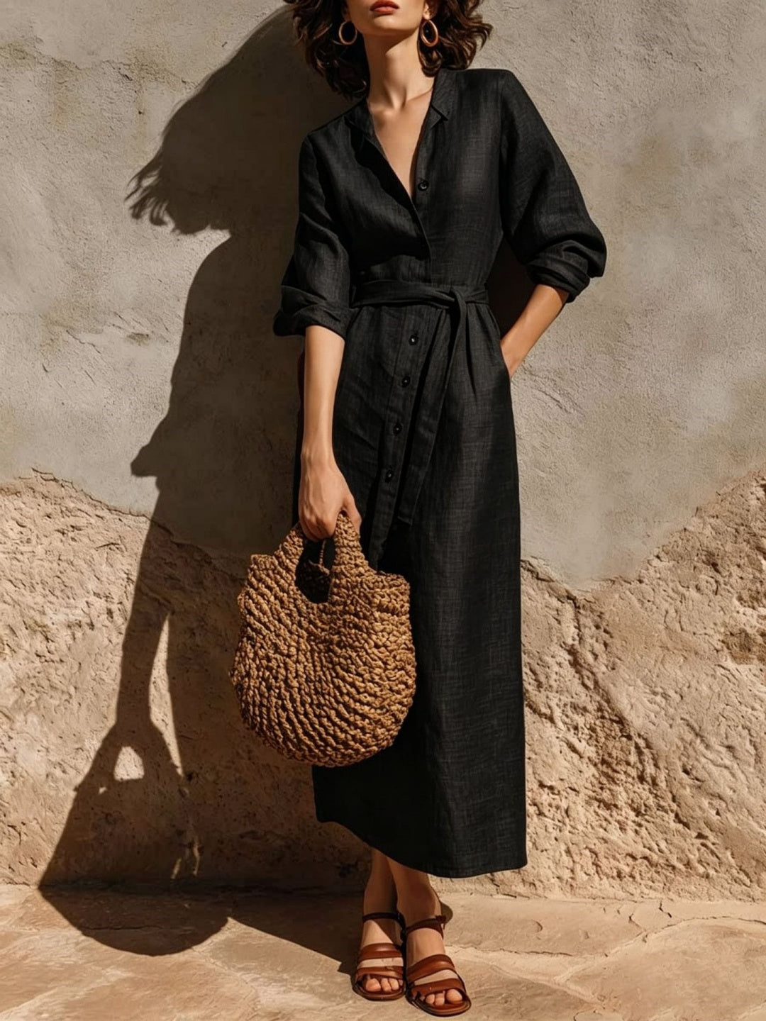 Mara Rust Button-Front Belted Maxi Dress