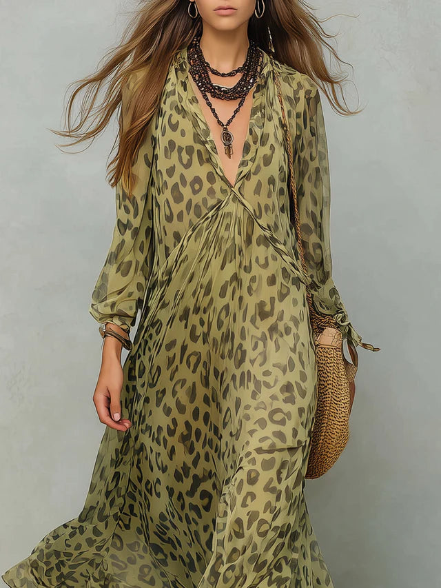 Marella Green Leopard V-Neck Maxi Dress