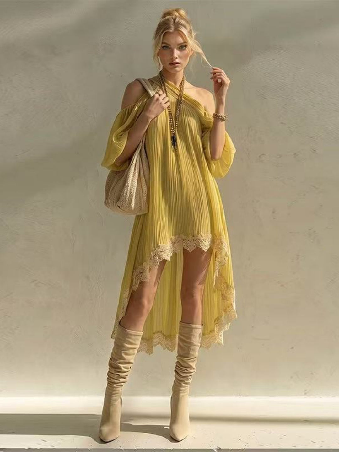 Soleil Mustard Halter High-Low Mini Dress