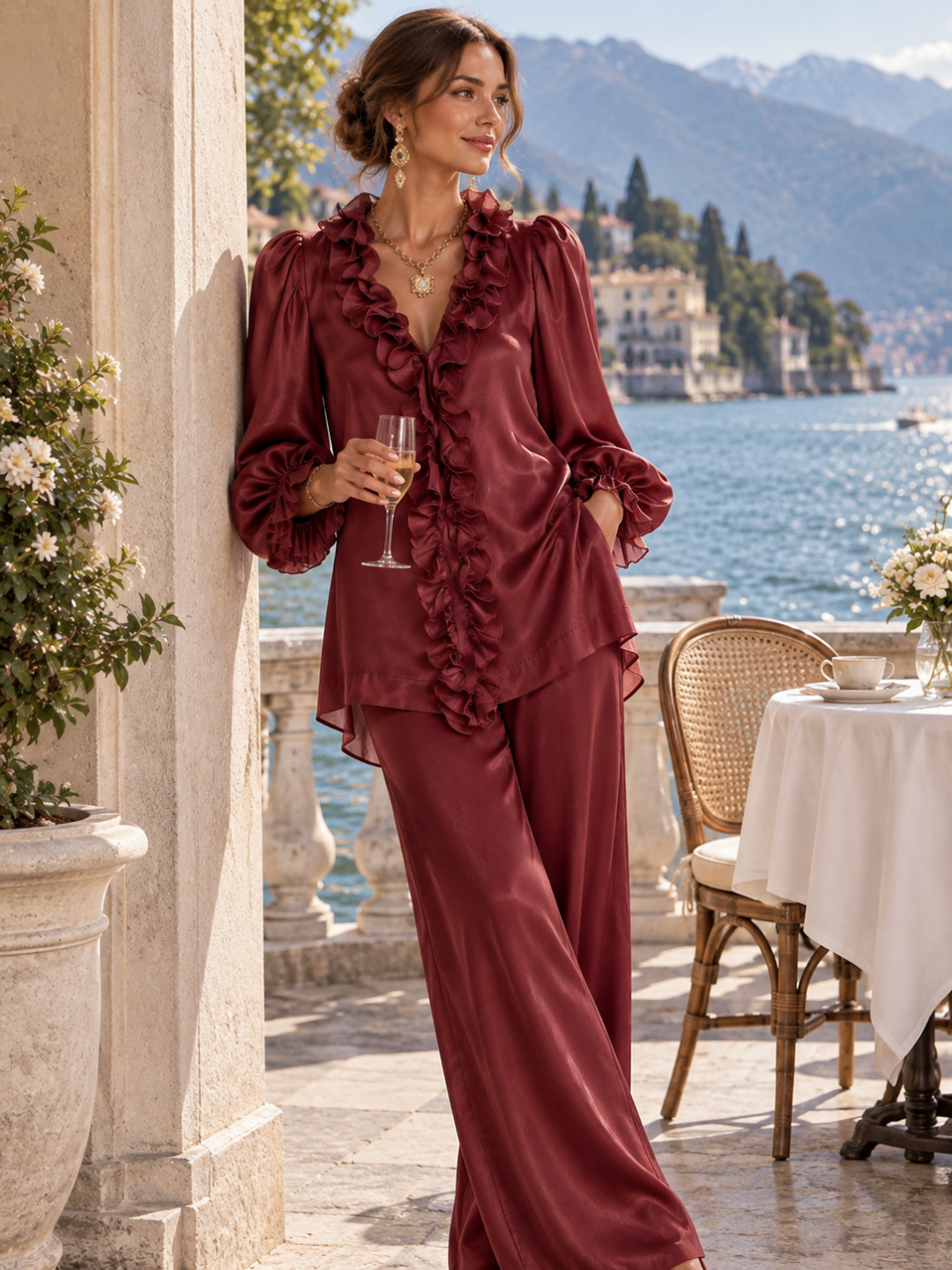 Mariella Ruffle-Trim Blouse & Trouser Set - Burgundy