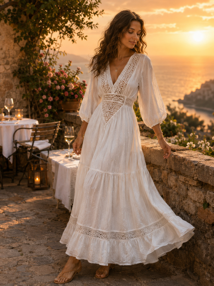 Soleil White Crochet-Inset Bell-Sleeve Maxi Dress