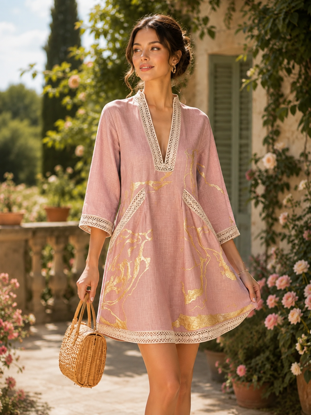 Solena Embroidered Caftan Mini Dress - Navy