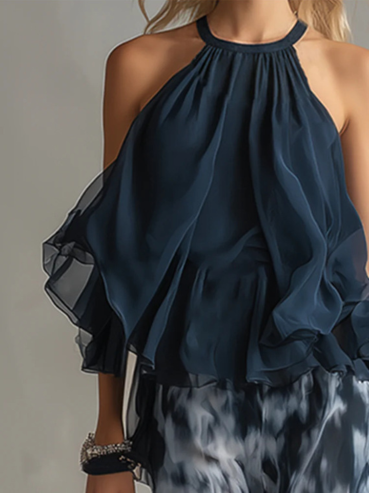 Mila Navy Halter Ruffle Pants Set