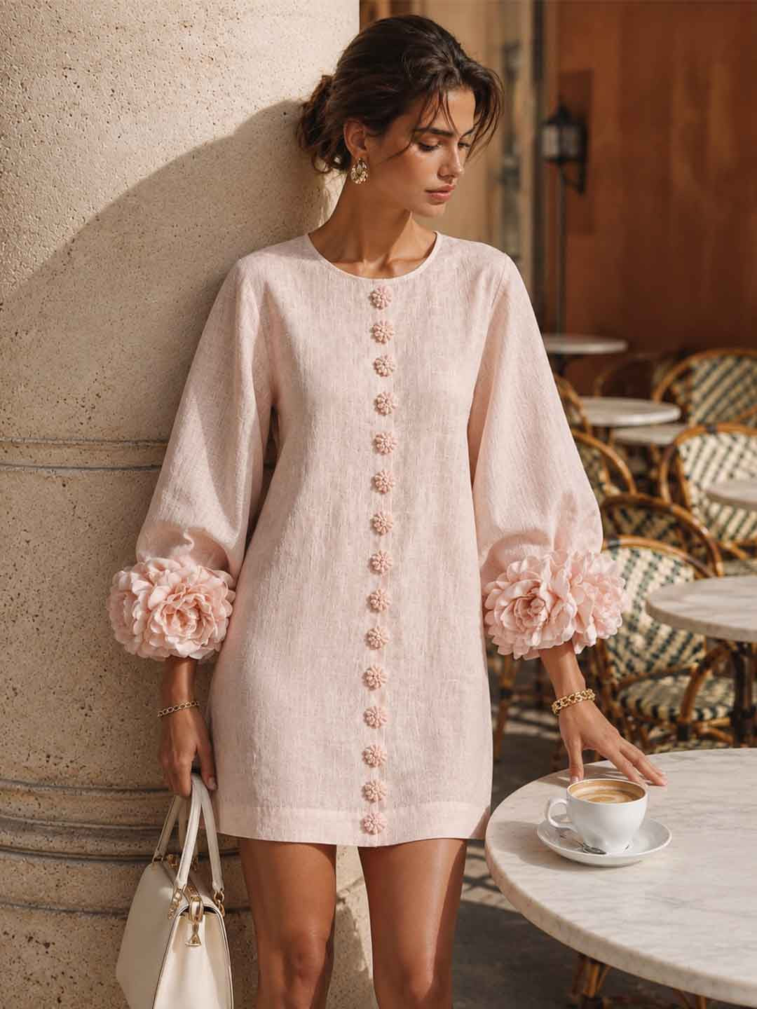 Rosalia Mint Floral-Cuff Button Mini Dress