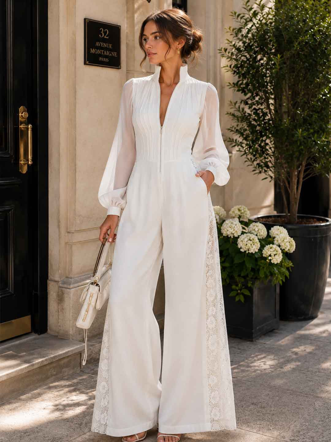 Bianca White Sheer-Sleeve Wide-Leg Jumpsuit