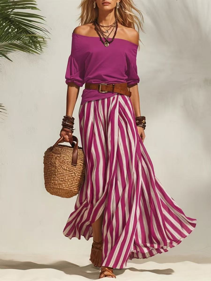 Bella Black Stripe Off-Shoulder Skirt Set