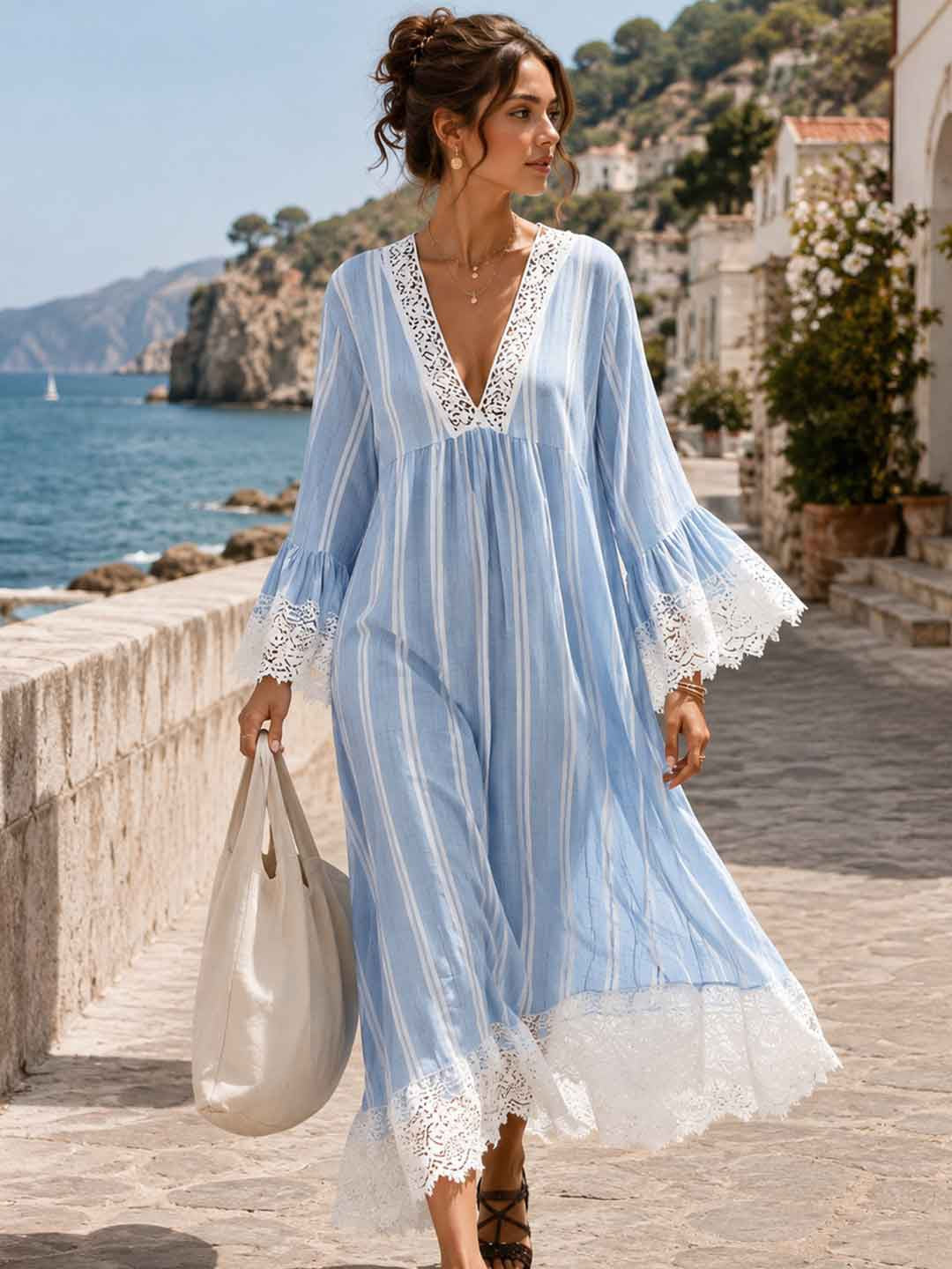 Soleil Red Lace-Trim Caftan Maxi Dress