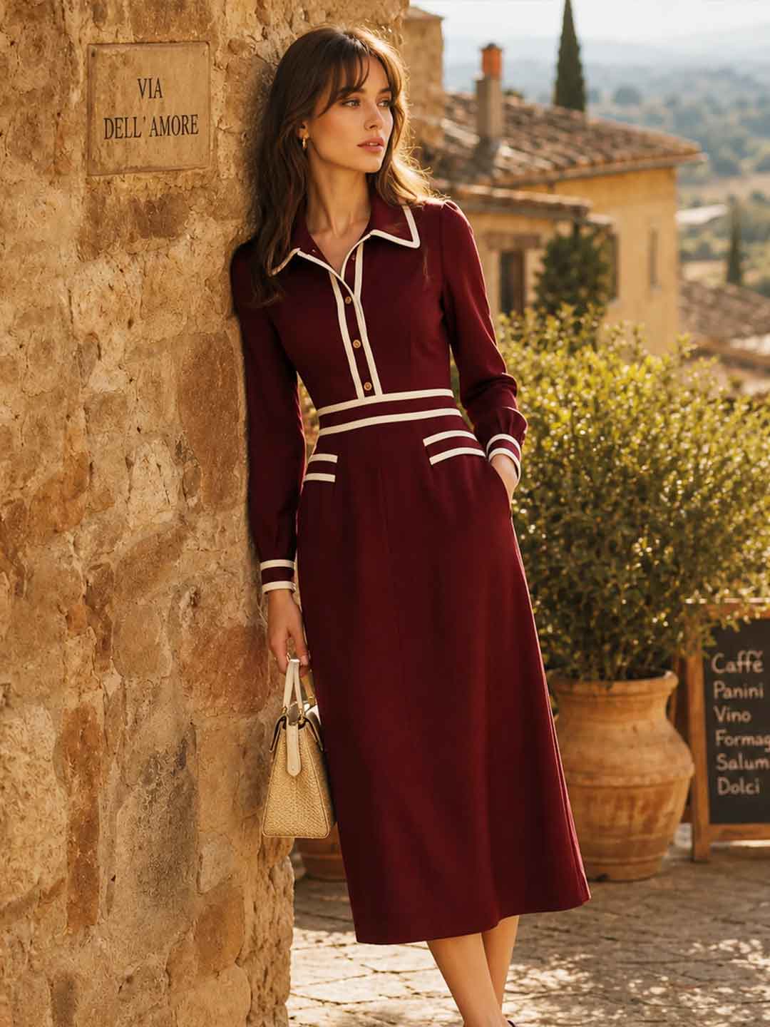 Bianca Contrast-Trim Belted Midi Dress - Navy