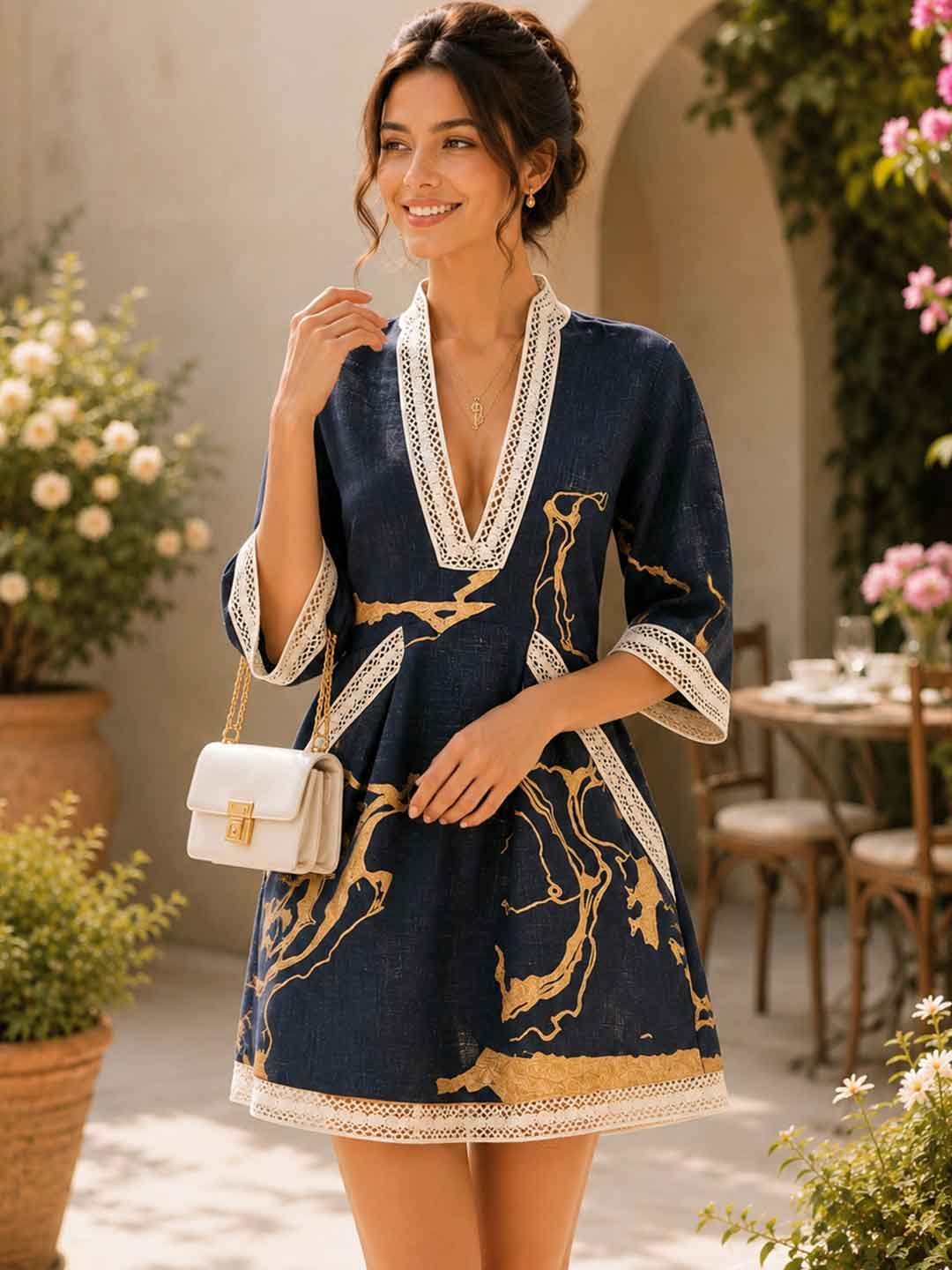 Solena Embroidered Caftan Mini Dress - Navy